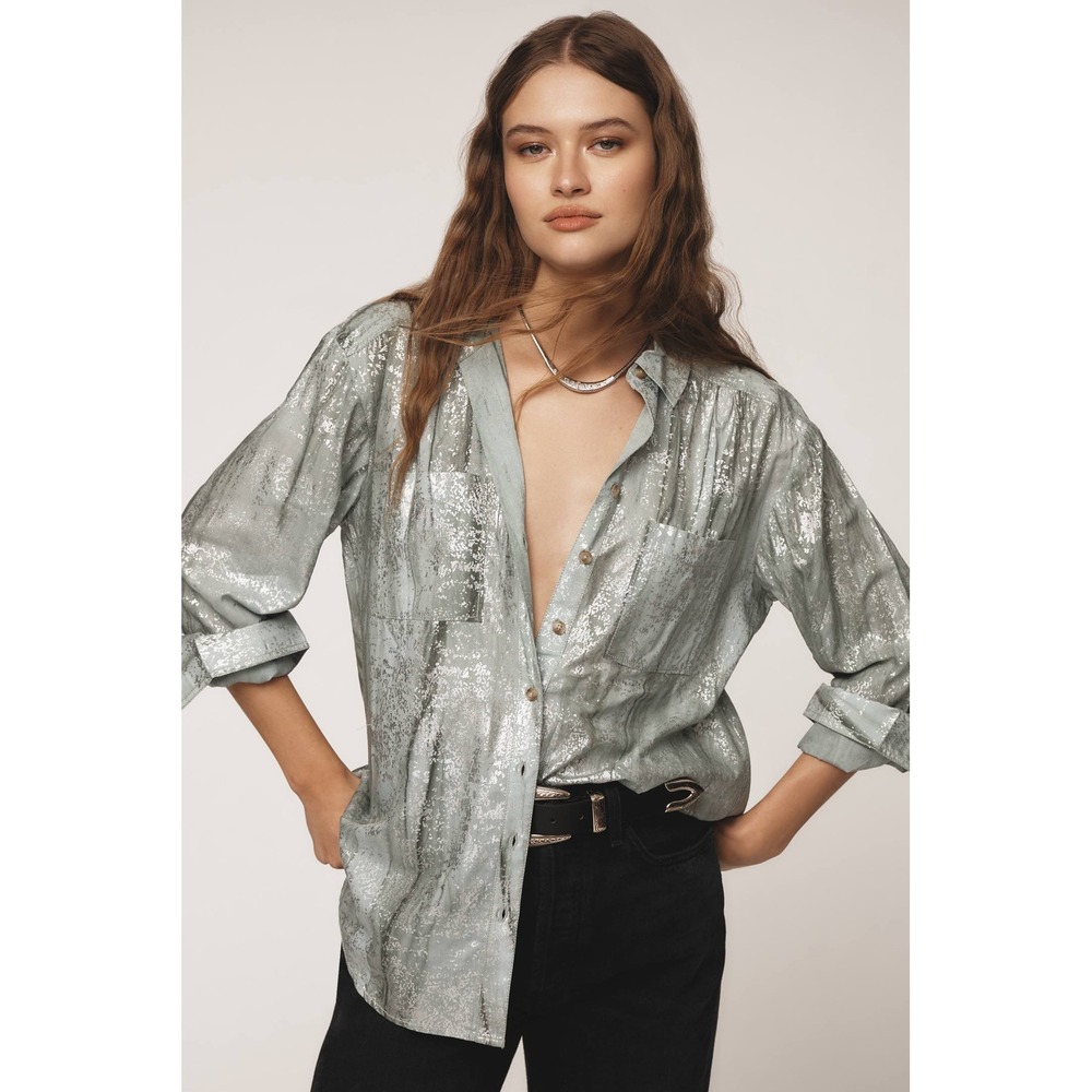 Pilcro Anthropologie Metallic Silver Foil Button Down Shirt Grey Rayon Large - Picture 7 of 10